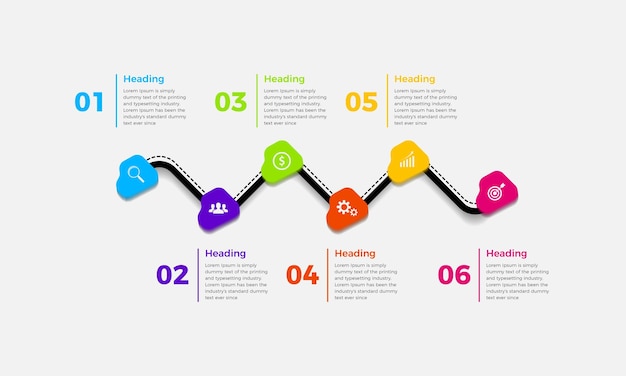 Modello di progettazione infografica aziendale con 6 o sei passaggi, opzioni o processi