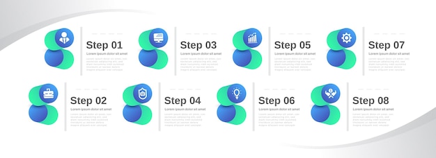 Modello di progettazione infografica aziendale con 8 opzioni o passaggi può essere utilizzato per il diagramma di layout del flusso di lavoro di presentazione o per la relazione annuale