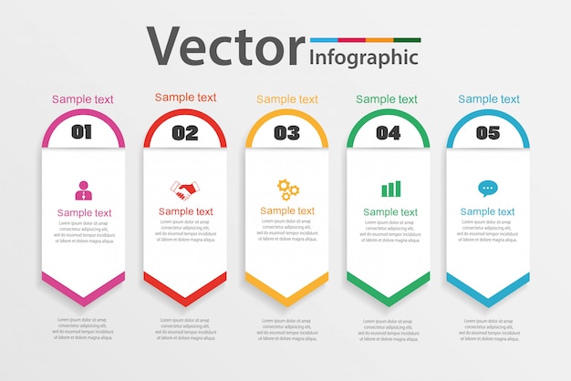 Modello di progettazione di business infografica con cinque opzioni o passaggi