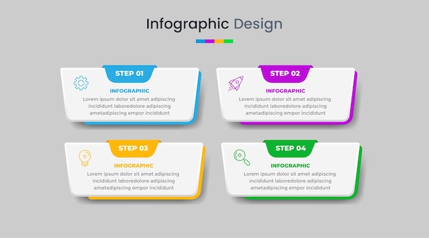 Vettore modello di progettazione infografica aziendale con icone e 4 opzioni o passaggi per la presentazione del flusso di lavoro