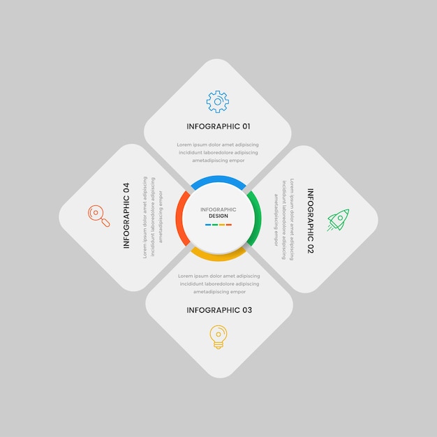 Vettore modello di progettazione di infografica aziendale con icone e 4 opzioni o passaggi per la presentazione del flusso di lavoro