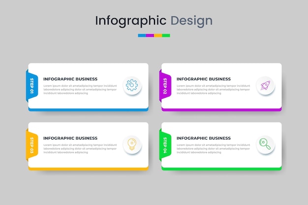 Vettore modello di progettazione di infografica aziendale con icone e 4 opzioni o passaggi per la presentazione del flusso di lavoro