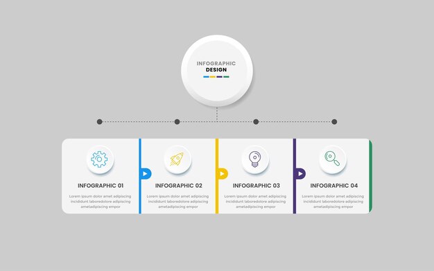 Vettore modello di progettazione di infografica aziendale con icone e 4 opzioni o passaggi per la presentazione del flusso di lavoro