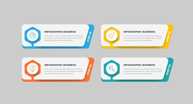 Vettore modello di progettazione infografica aziendale con icone e 4 opzioni o passaggi per la presentazione del flusso di lavoro