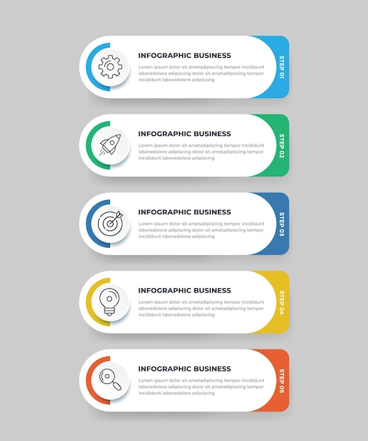 Modello di progettazione di infografica aziendale con icone e 5 opzioni o passaggi per la presentazione del flusso di lavoro