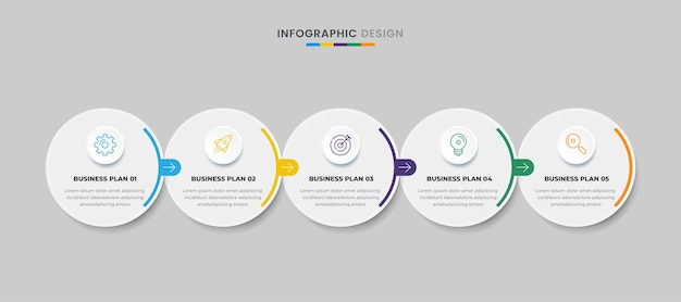 Vettore modello di progettazione di infografica aziendale con icone e 5 opzioni o passaggi per la presentazione del flusso di lavoro