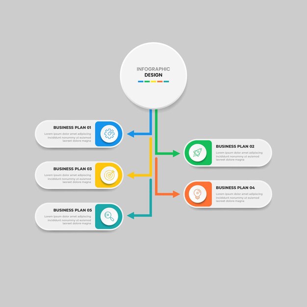 Vettore modello di progettazione di infografica aziendale con icone e 5 opzioni o passaggi per la presentazione del flusso di lavoro