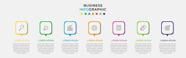アイコンと7つの7つのオプションまたはステップを備えたビジネスインフォグラフィックデザインテンプレート。
