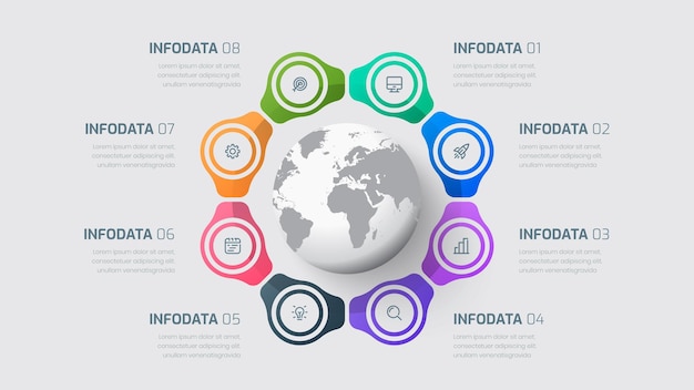 Business Infographic Element Template with Globe 8 Options and Icon for Presentation Diagram