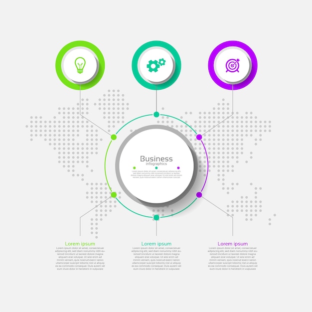 3つのステップでカラフルなビジネスインフォグラフィックフラット抽象的な背景テンプレートサークル