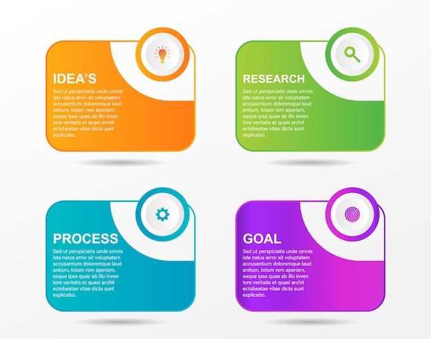 Modello di infografica aziendale con 4 passaggi successivi quarto elementi grafici colorati