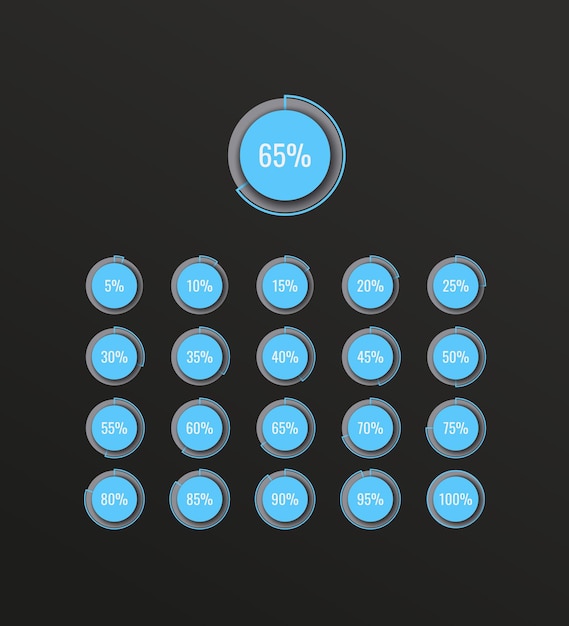 Business infographic piechart template with light blue round steps on a black background