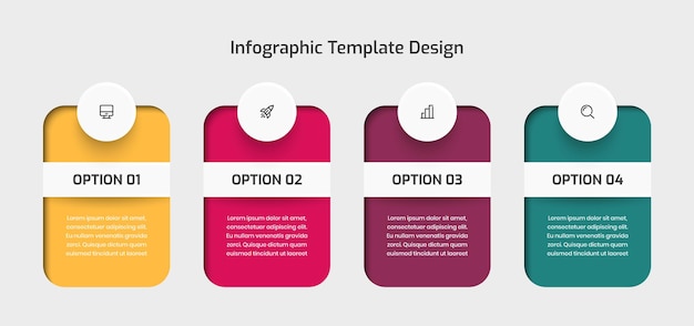 색상 모양 내부 그림자 원 레이블 4 옵션 및 아이콘이 있는 비즈니스 인포 그래픽 프레젠테이션