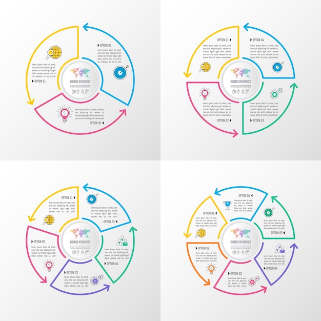 Business infographic set with 3, 4, 5 and 6 options