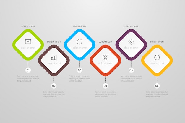 Business Infographic sjabloon met zes stappen of verwerkt elementen. Kan gebruikt worden voor jaarverslag, stroomschema's, diagram, presentaties, websites. illustratie.