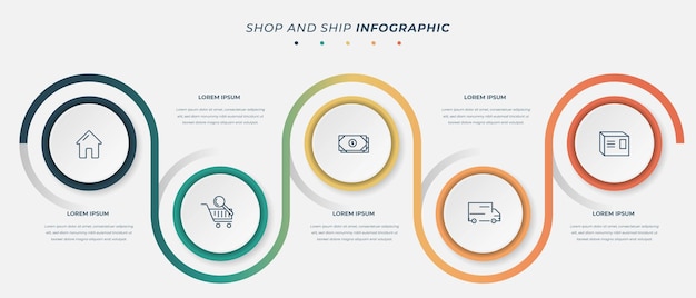 Business infographic template in 5 circle design with color lines design