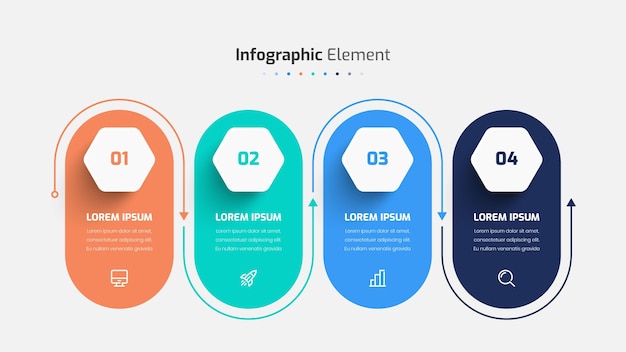 Modello di infografica aziendale design creativo con icona etichetta esagonale e numero 4 per la presentazione