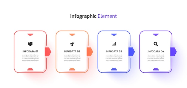 Design del modello di infografica aziendale con icona etichetta rettangolo freccia e opzione 4 per la presentazione