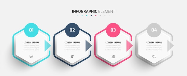 Business infographic template design con etichetta esagonale, icone e 4 numeri per la presentazione