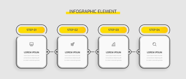 Business Infographic Template Presentation Rectangle Label with Yellow Color 4 Steps and Icons