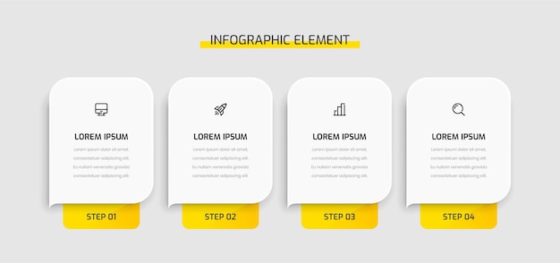 Modello di infografica aziendale etichetta rettangolare di presentazione con 4 passaggi e icone di colore giallo