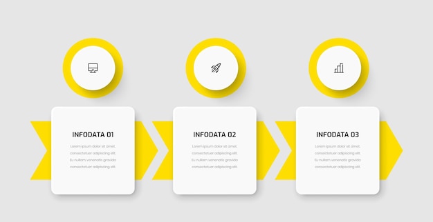 Presentazione del modello di infografica aziendale con design astratto colore giallo 3 numeri e icone