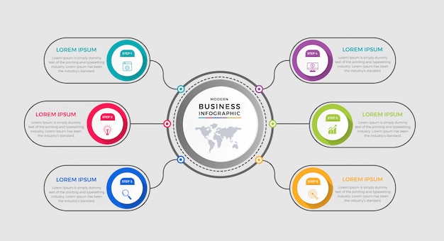 Modello di business infografica. design a linea sottile con numeri 6 opzioni o passaggi.