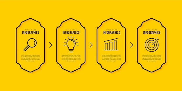 Бизнес инфографики шаблон с 4 вариантами дизайна иконок тонкая линия на желтом фоне