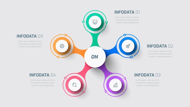 Business infographic template with central circle circle label 5 options and icon for presentation