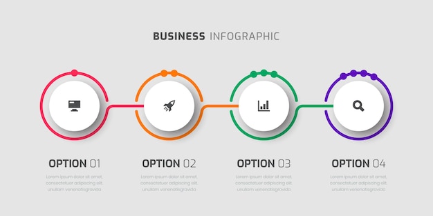 ビジネス インフォグラフィック テンプレート 円のラベル 薄いライン 4 オプションとプレゼンテーションのアイコン