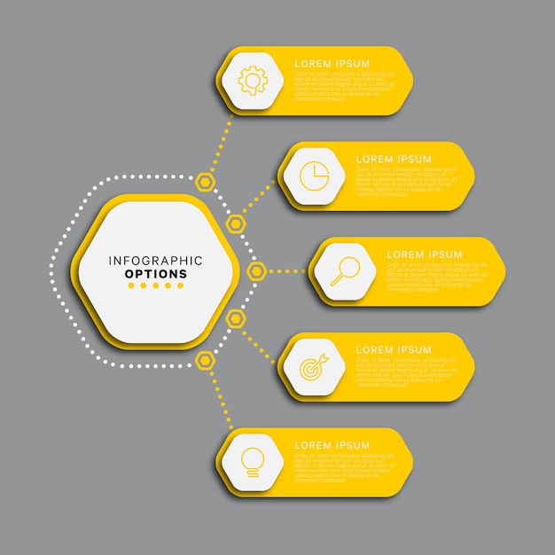 Business infographic template with five yellow hexagonal elements on a grey background