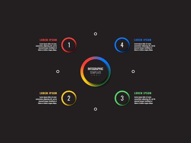 Business infographic template with four round realistic elements on a black background