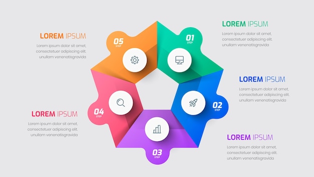 Бизнес-инфографический шаблон с этикеткой Pentagon Shape Circle 5 Steps и Icon для презентации