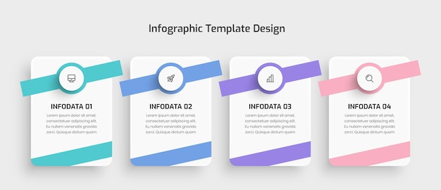 Il modello di infografica aziendale con l'icona dell'etichetta rettangolare e l'opzione 4 può essere utilizzato per la presentazione