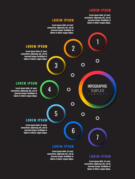 Modello di infografica aziendale con sette elementi realistici rotondi su sfondo nero moderno