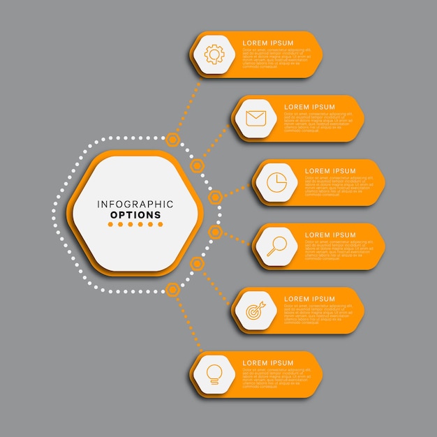 Business infographic template with six orange hexagonal elements on a grey background