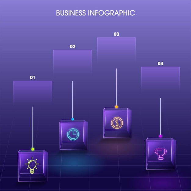 Шаблон бизнес-инфографики с тонкими иконками и четырьмя прозрачными кубами