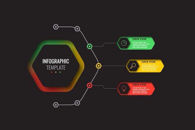 검은색에 가는 선 아이콘이 있는 세 개의 현실적인 육각형 요소가 있는 비즈니스 인포그래픽 템플릿