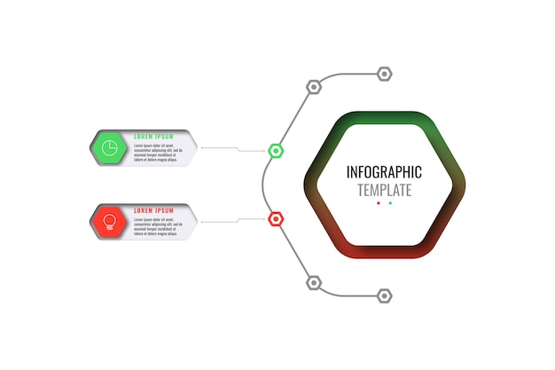 Business infographic template with two realistic hexagonal elements with thin line icons