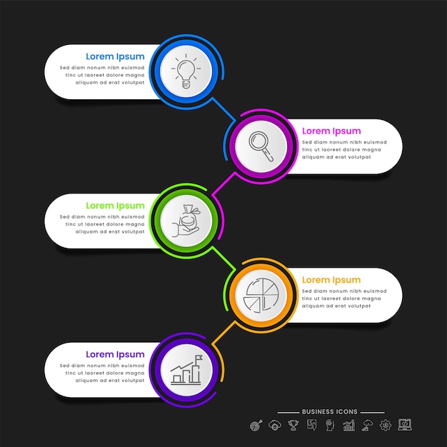 Business infographic timeline template with 5 circle label options and icons