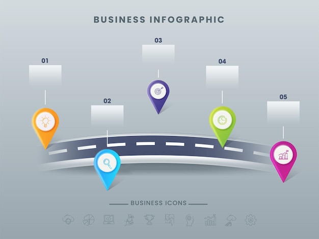 Шаблон временной шкалы бизнес-инфографики с пятью булавками на сером