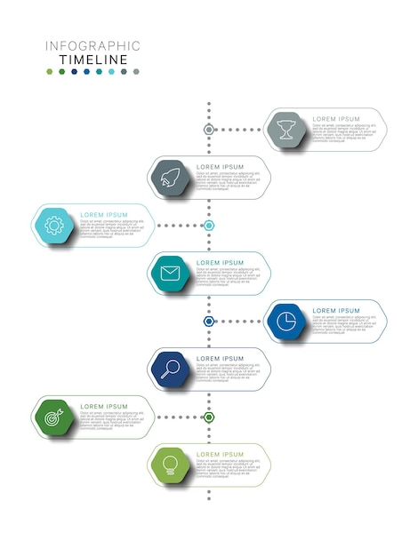 白地にフラットな色の現実的な六角形の要素を持つビジネスインフォグラフィックタイムラインテンプレート