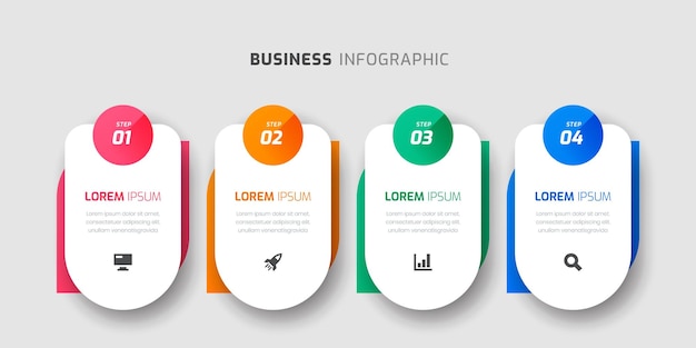 Бизнес-инфографика с абстрактным дизайном прямоугольной этикетки 4 шага и иконкой для презентации