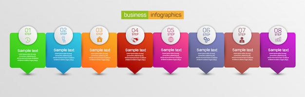 Business infographics design template with 8 steps or options