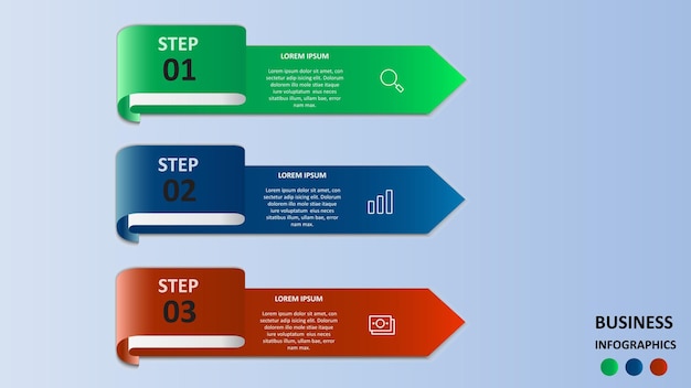 Business infographics in the form of colored arrows with text and icons.