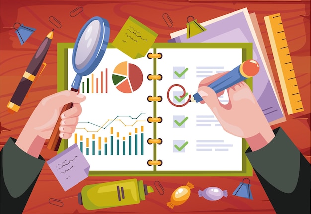 Business infografica ufficio lavoratore scrivania contabilità sopra il concetto di elemento di disegno astratto