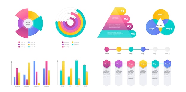 Vector business infographics set with different diagrams vector illustration. level elements, marketing charts, graphs, pyramid and venn diagram for your work presentation.