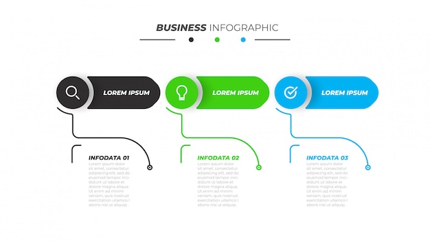 Modello di business infografica con 3 passaggi, opzioni.