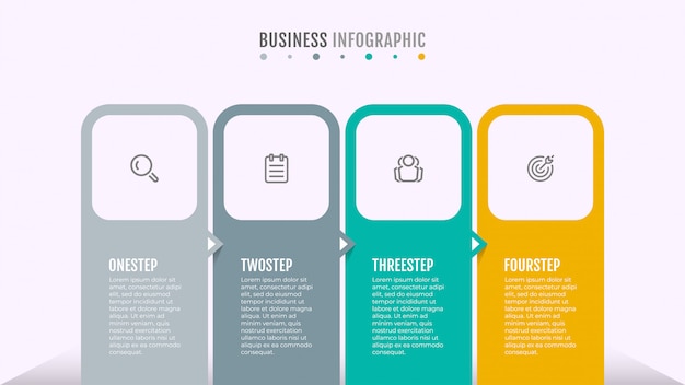 Infografica di affari. cronologia con icone e 4 passaggi o opzioni. progettazione del modello di grafico di processo con le frecce.