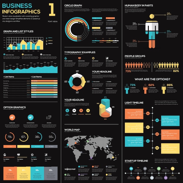 Elementi vettoriali di infographics aziendali in blu, rosso e giallo